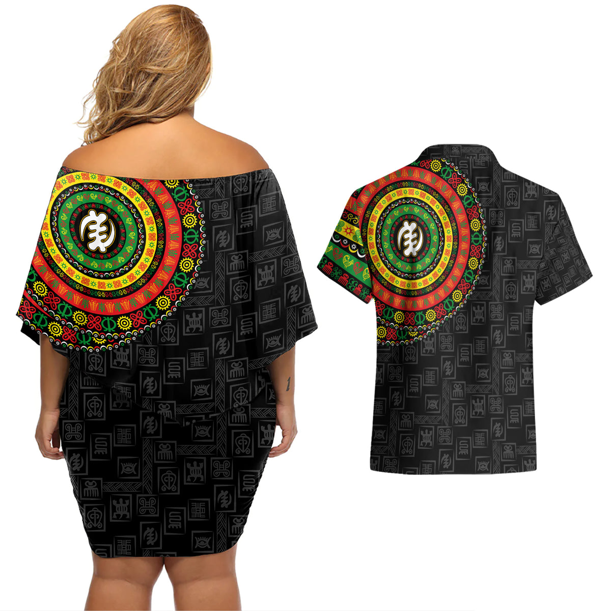 Adinkra Symbols Couples Matching Off Shoulder Short Dress and Hawaiian Shirt African Culture - Wonder Print Shop
