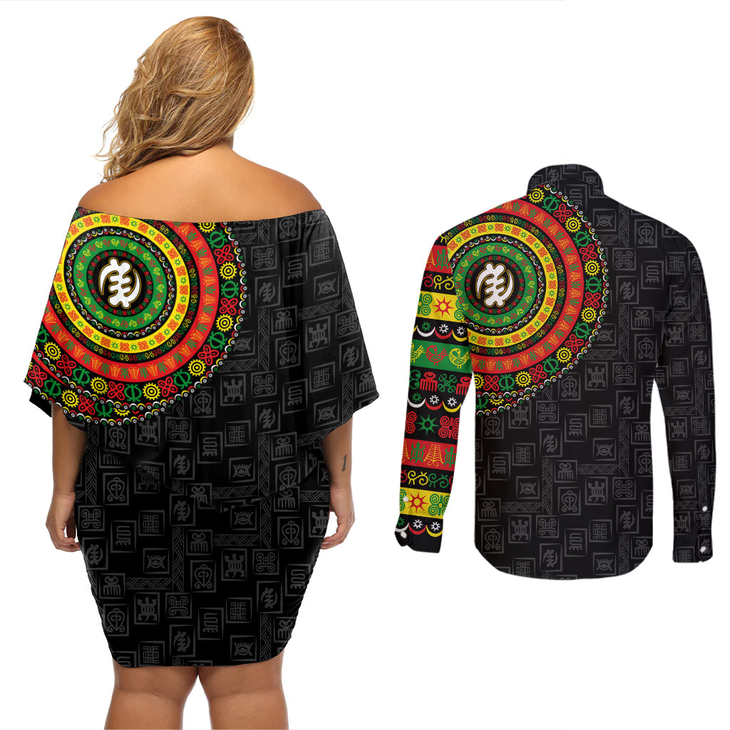 Adinkra Symbols Couples Matching Off Shoulder Short Dress and Long Sleeve Button Shirts African Culture - Wonder Print Shop