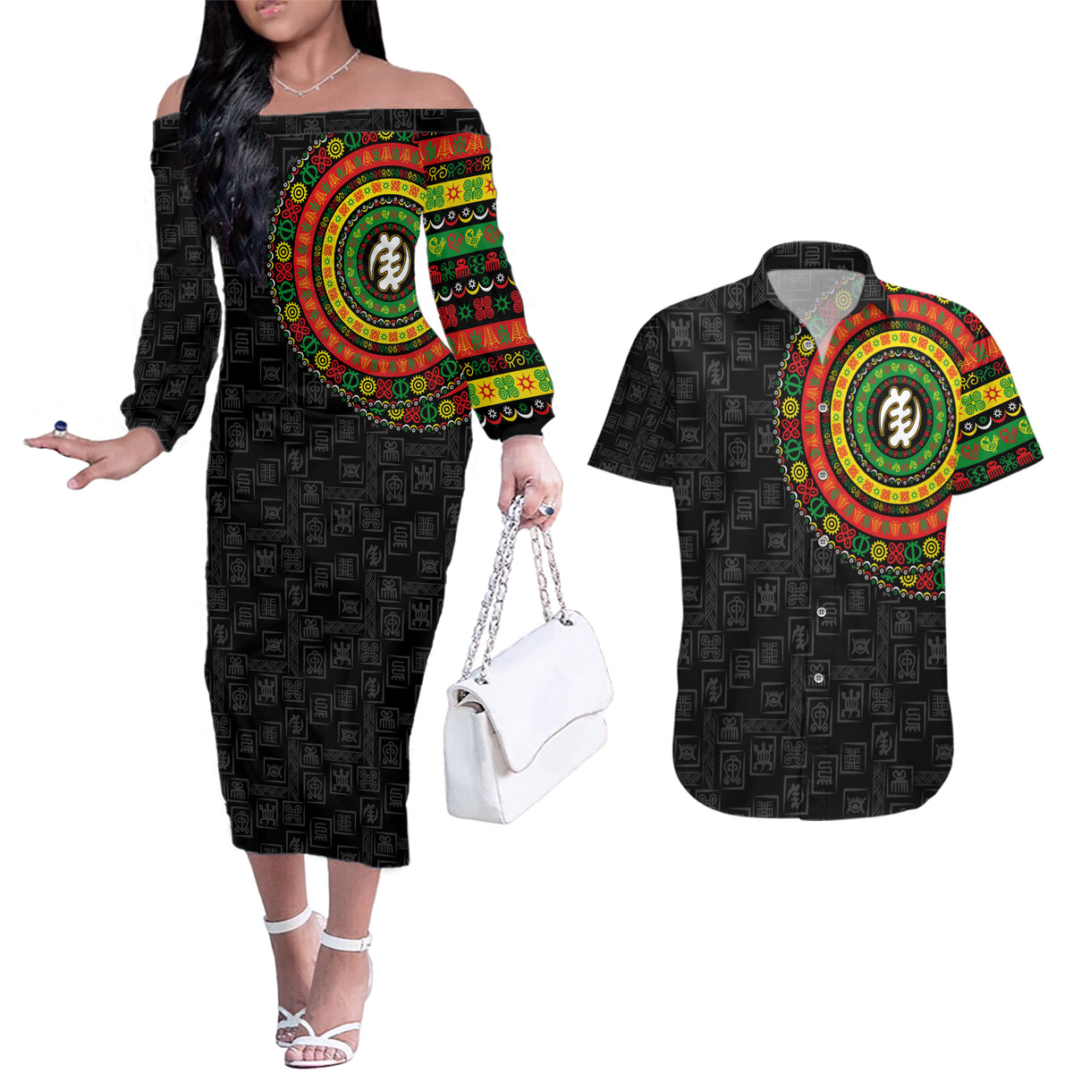 Adinkra Symbols Couples Matching Off The Shoulder Long Sleeve Dress and Hawaiian Shirt African Culture - Wonder Print Shop