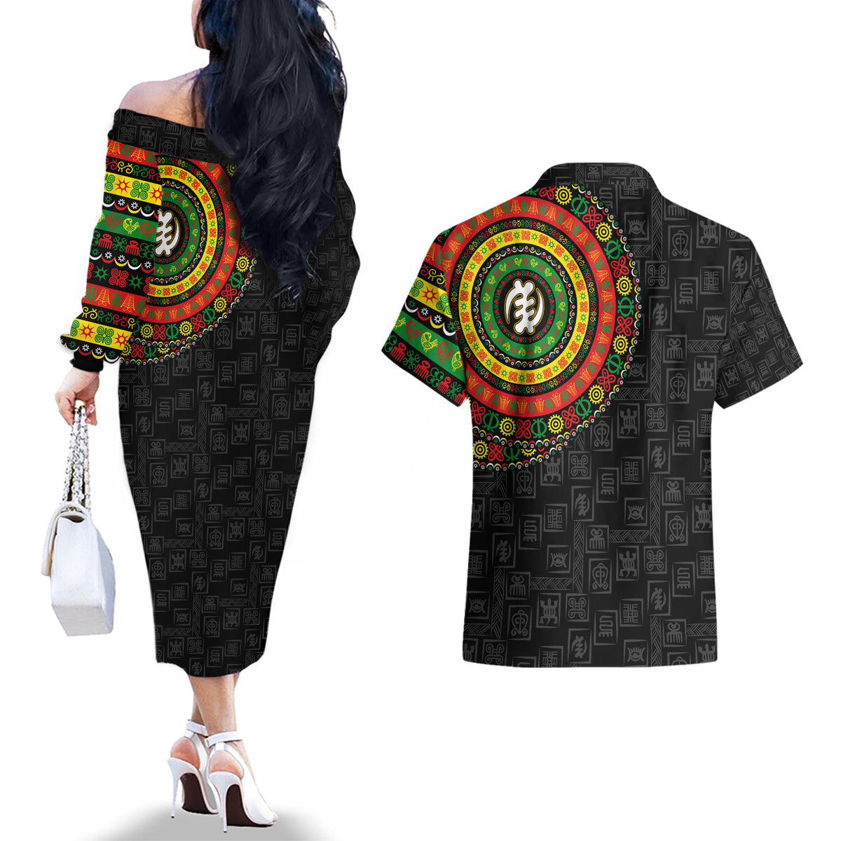 Adinkra Symbols Couples Matching Off The Shoulder Long Sleeve Dress and Hawaiian Shirt African Culture - Wonder Print Shop