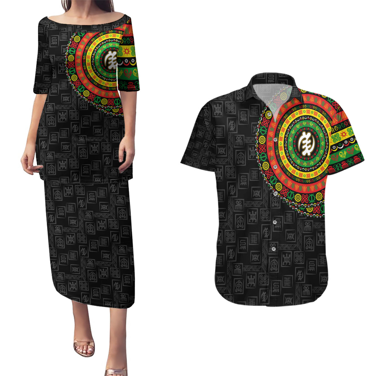 Adinkra Symbols Couples Matching Puletasi Dress and Hawaiian Shirt African Culture - Wonder Print Shop