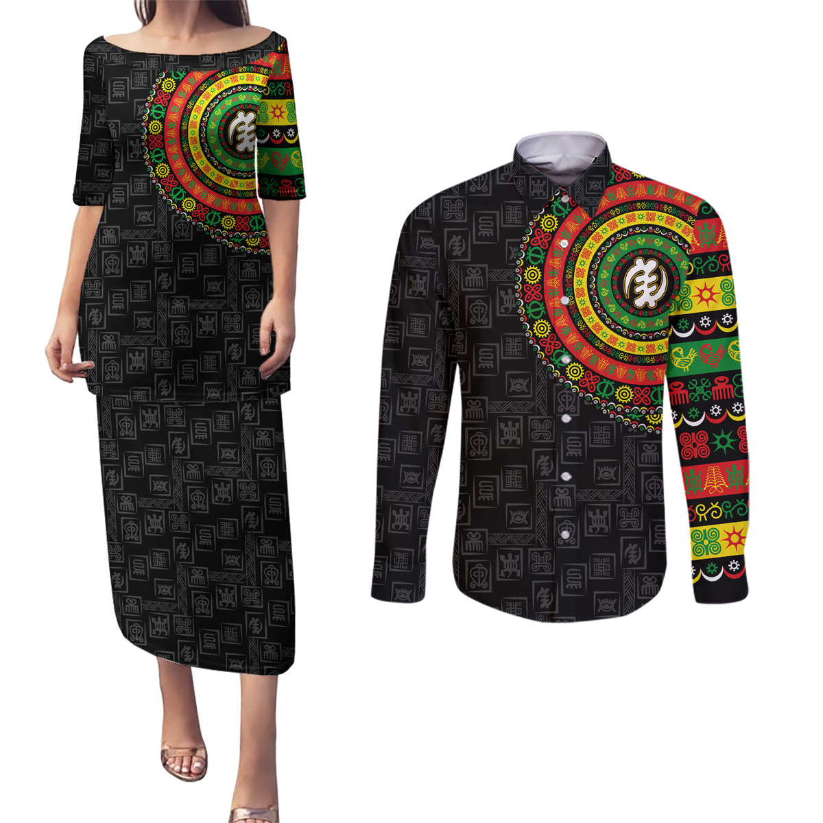 Adinkra Symbols Couples Matching Puletasi Dress and Long Sleeve Button Shirts African Culture - Wonder Print Shop