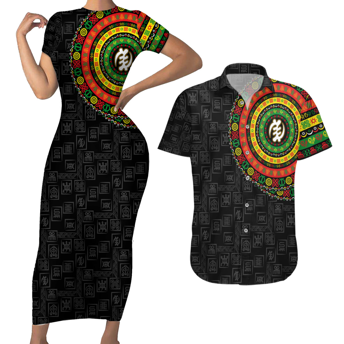 Adinkra Symbols Couples Matching Short Sleeve Bodycon Dress and Hawaiian Shirt African Culture - Wonder Print Shop