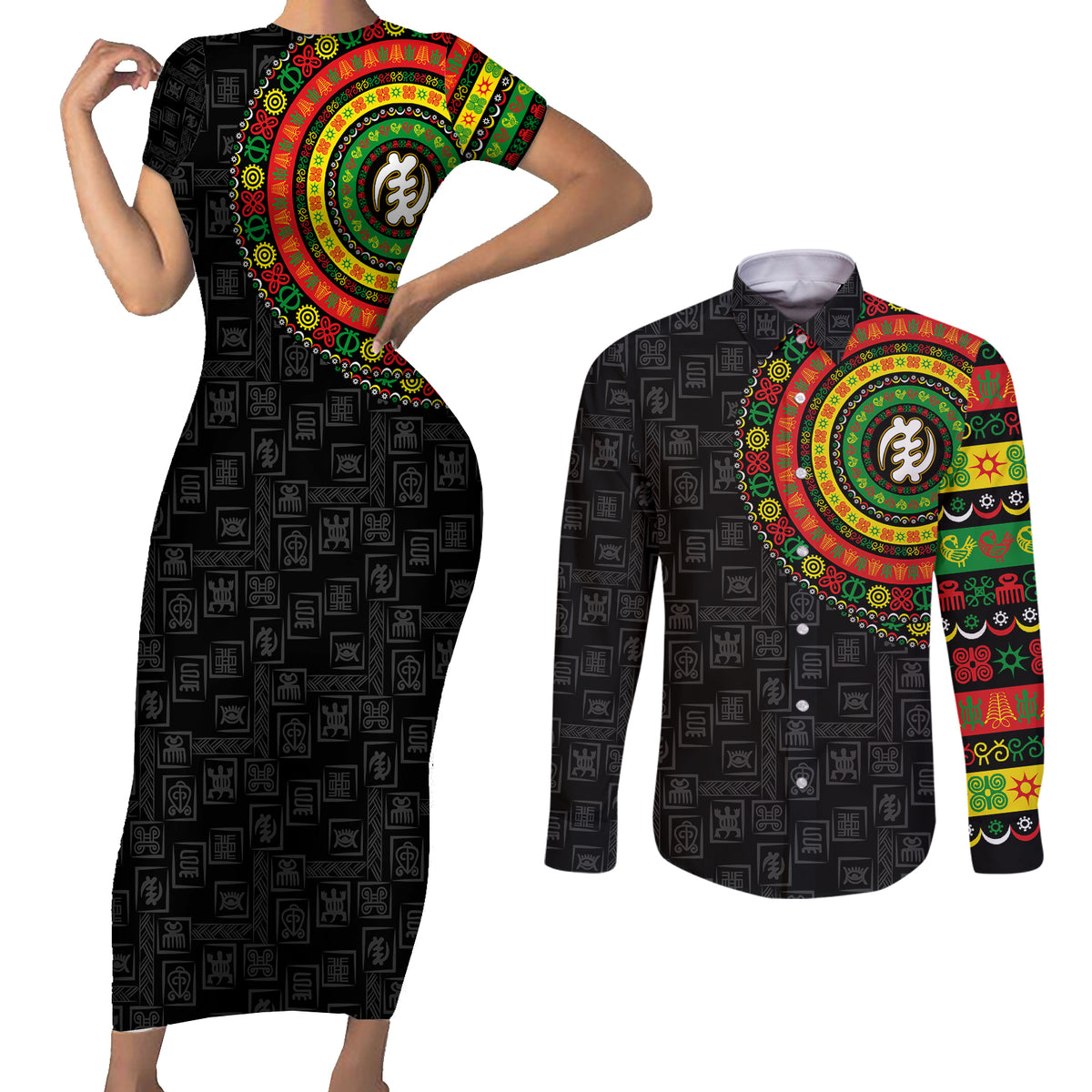 Adinkra Symbols Couples Matching Short Sleeve Bodycon Dress and Long Sleeve Button Shirts African Culture - Wonder Print Shop
