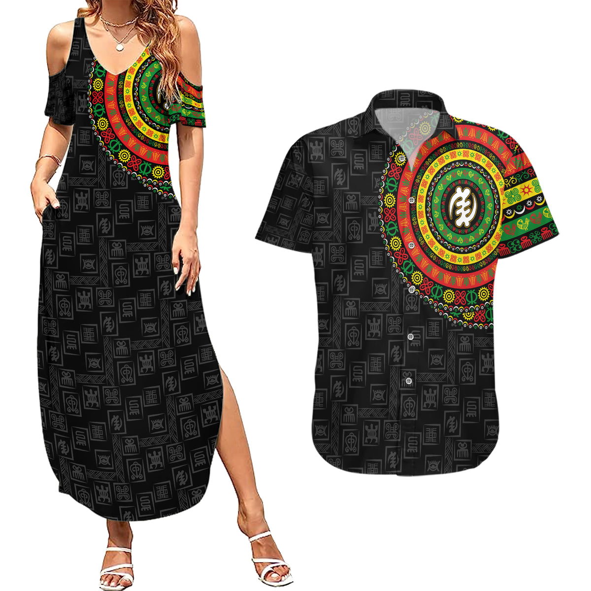 Adinkra Symbols Couples Matching Summer Maxi Dress and Hawaiian Shirt African Culture - Wonder Print Shop