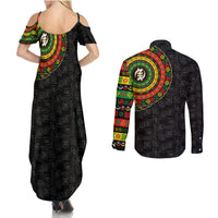 Adinkra Symbols Couples Matching Summer Maxi Dress and Long Sleeve Button Shirts African Culture - Wonder Print Shop