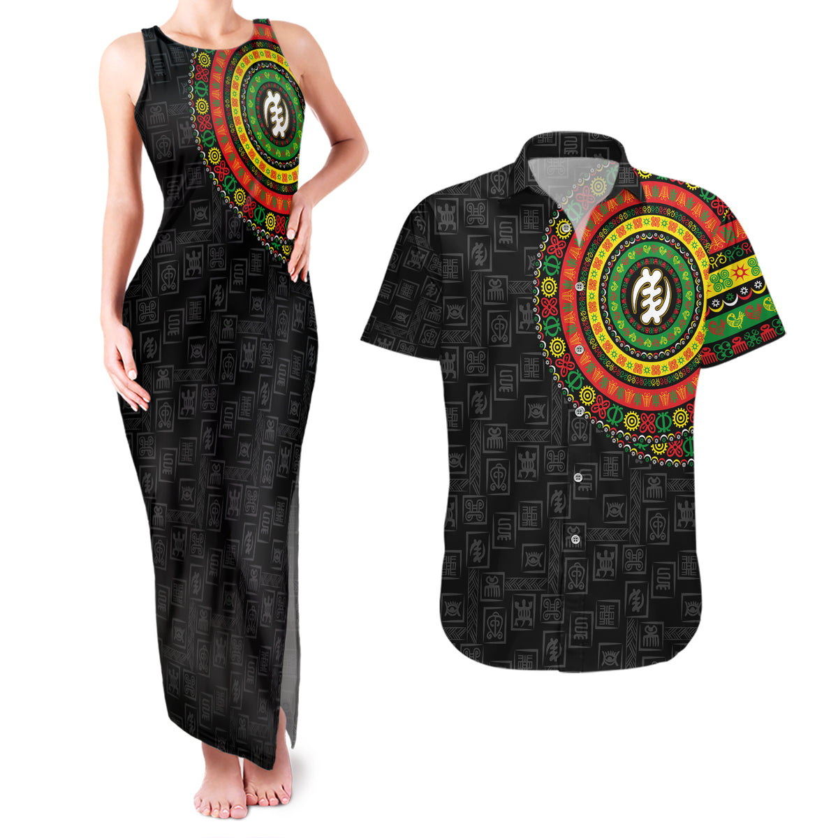 Adinkra Symbols Couples Matching Tank Maxi Dress and Hawaiian Shirt African Culture - Wonder Print Shop