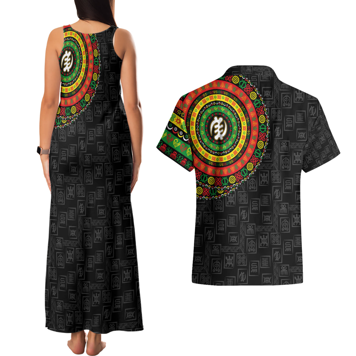 Adinkra Symbols Couples Matching Tank Maxi Dress and Hawaiian Shirt African Culture - Wonder Print Shop