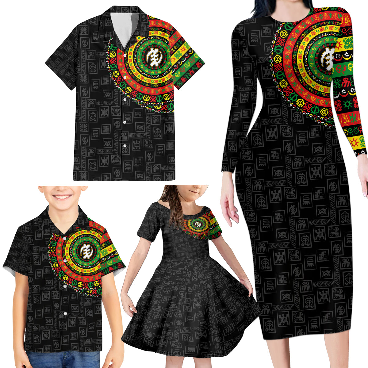 Adinkra Symbols Family Matching Long Sleeve Bodycon Dress and Hawaiian Shirt African Culture - Wonder Print Shop