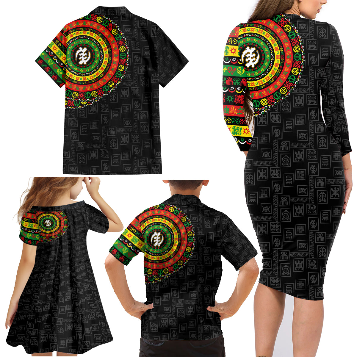 Adinkra Symbols Family Matching Long Sleeve Bodycon Dress and Hawaiian Shirt African Culture - Wonder Print Shop