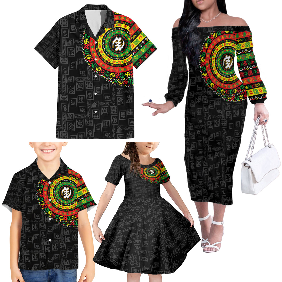 Adinkra Symbols Family Matching Off Shoulder Long Sleeve Dress and Hawaiian Shirt African Culture - Wonder Print Shop