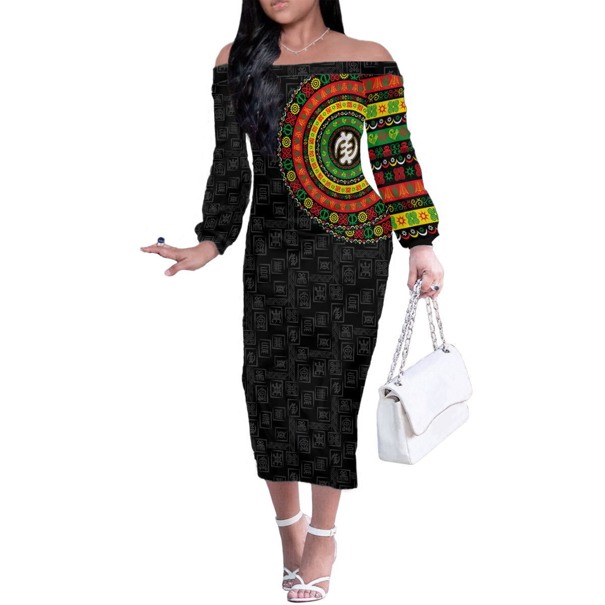 Adinkra Symbols Family Matching Off Shoulder Long Sleeve Dress and Hawaiian Shirt African Culture - Wonder Print Shop