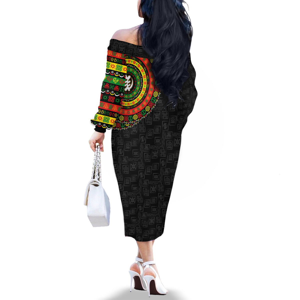 Adinkra Symbols Family Matching Off Shoulder Long Sleeve Dress and Hawaiian Shirt African Culture - Wonder Print Shop