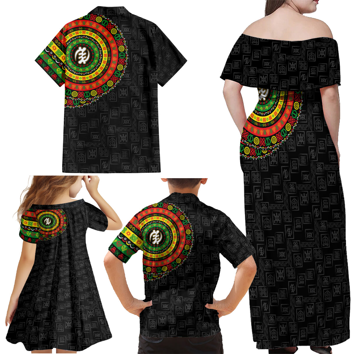 Adinkra Symbols Family Matching Off Shoulder Maxi Dress and Hawaiian Shirt African Culture - Wonder Print Shop