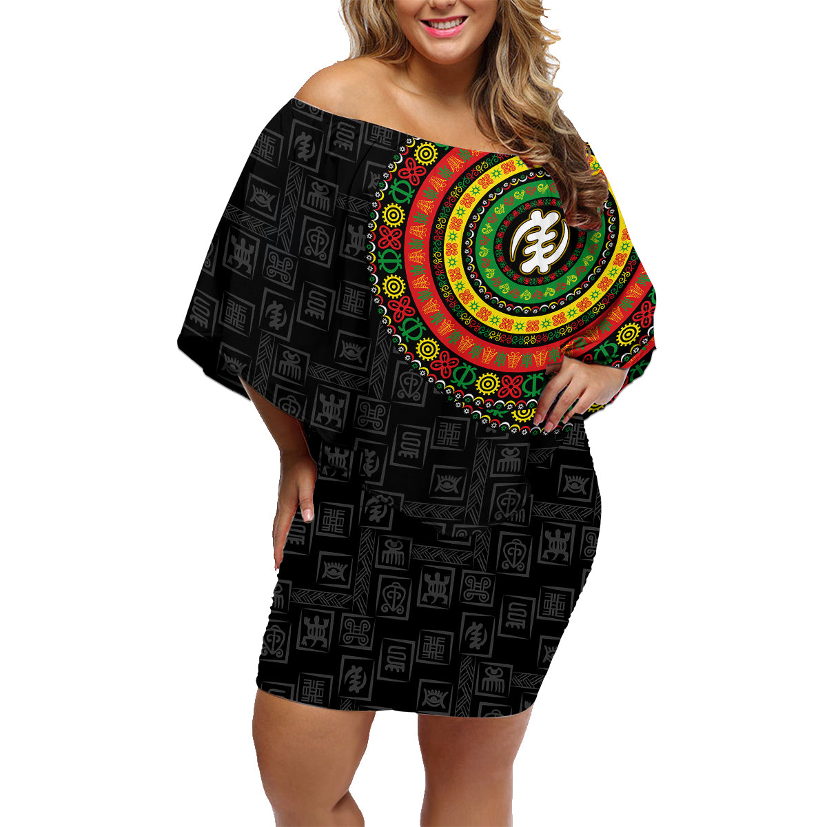 Adinkra Symbols Family Matching Off Shoulder Short Dress and Hawaiian Shirt African Culture - Wonder Print Shop