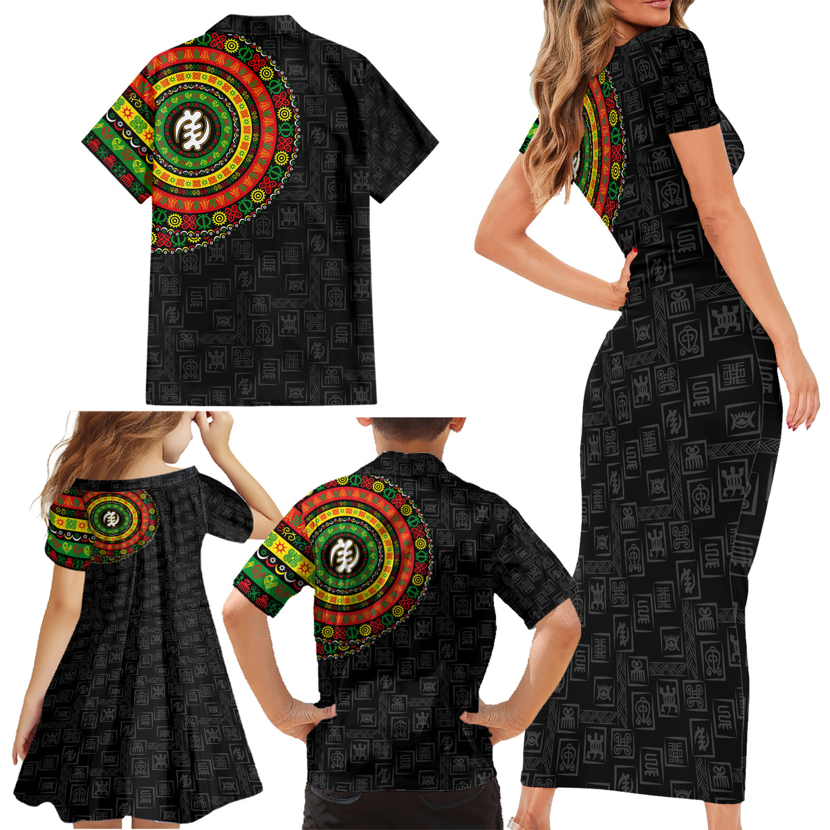 Adinkra Symbols Family Matching Short Sleeve Bodycon Dress and Hawaiian Shirt African Culture - Wonder Print Shop