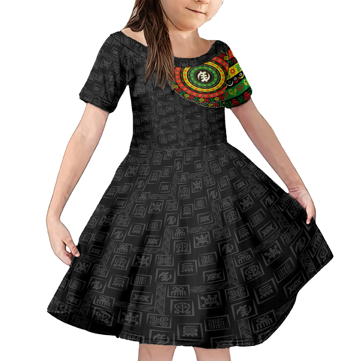 Adinkra Symbols Kid Short Sleeve Dress African Culture - Wonder Print Shop