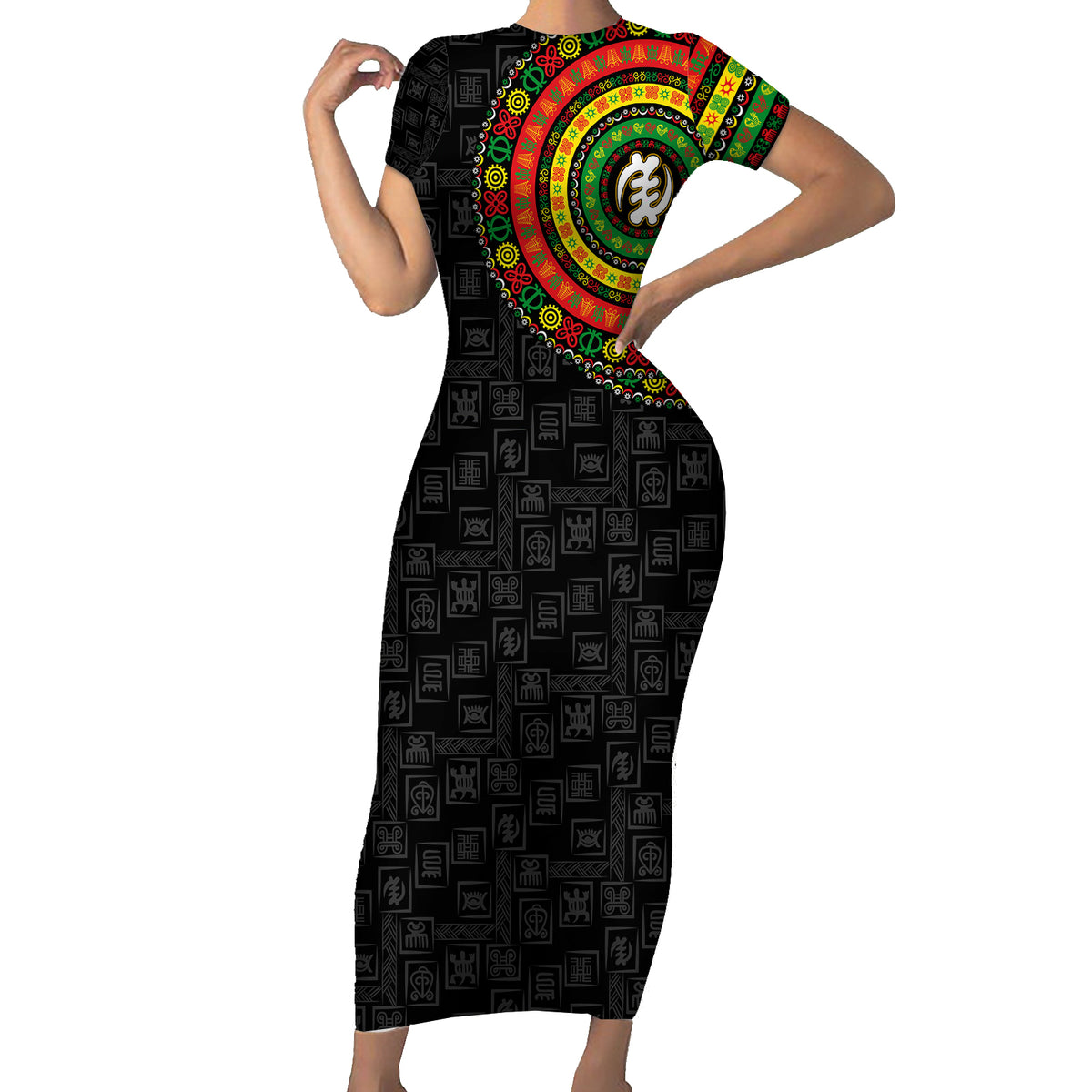 Adinkra Symbols Short Sleeve Bodycon Dress African Culture - Wonder Print Shop