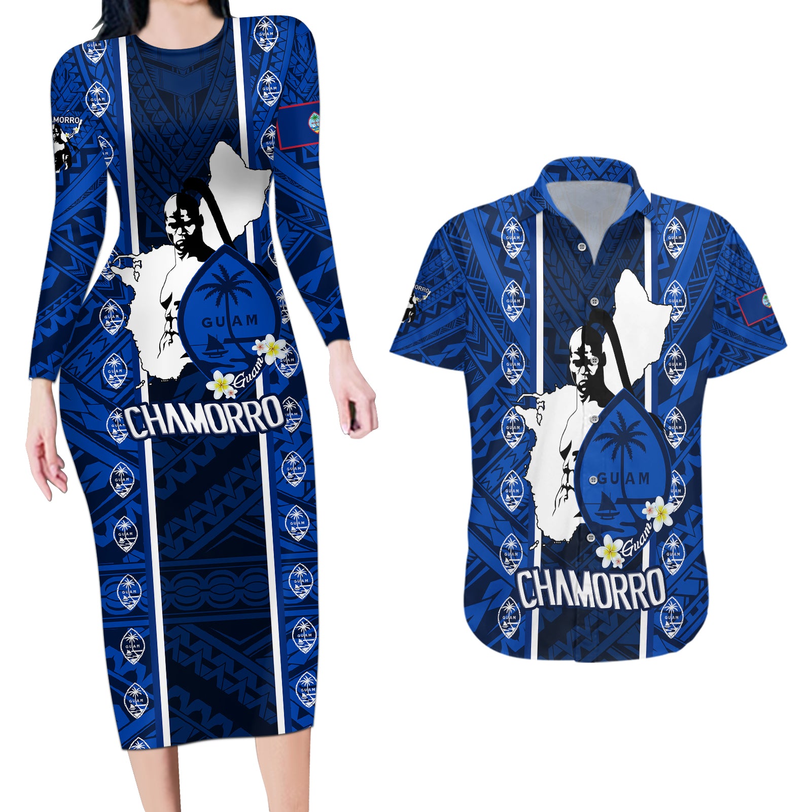 Guam Chamorro Warrior Couples Matching Long Sleeve Bodycon Dress and Hawaiian Shirt Traditional Tribal Patterns - Wonder Print Shop