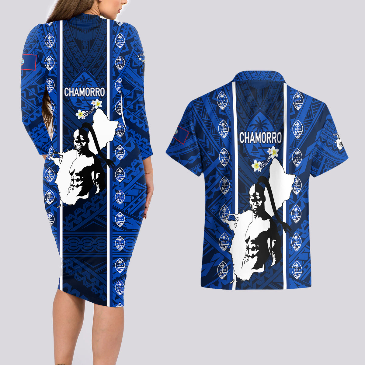Guam Chamorro Warrior Couples Matching Long Sleeve Bodycon Dress and Hawaiian Shirt Traditional Tribal Patterns - Wonder Print Shop