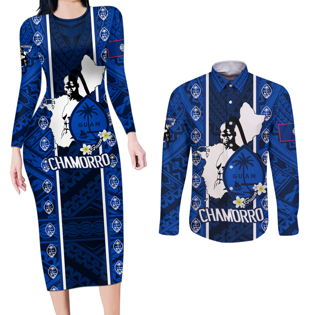 Guam Chamorro Warrior Couples Matching Long Sleeve Bodycon Dress and Long Sleeve Button Shirts Traditional Tribal Patterns - Wonder Print Shop