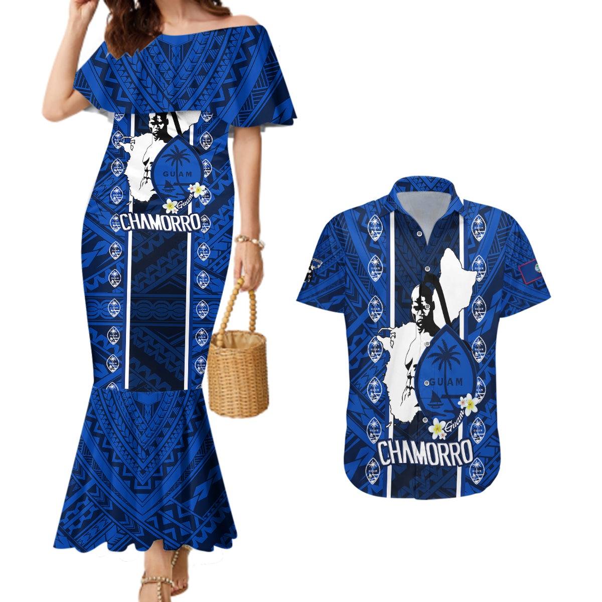Guam Chamorro Warrior Couples Matching Mermaid Dress and Hawaiian Shirt Traditional Tribal Patterns - Wonder Print Shop