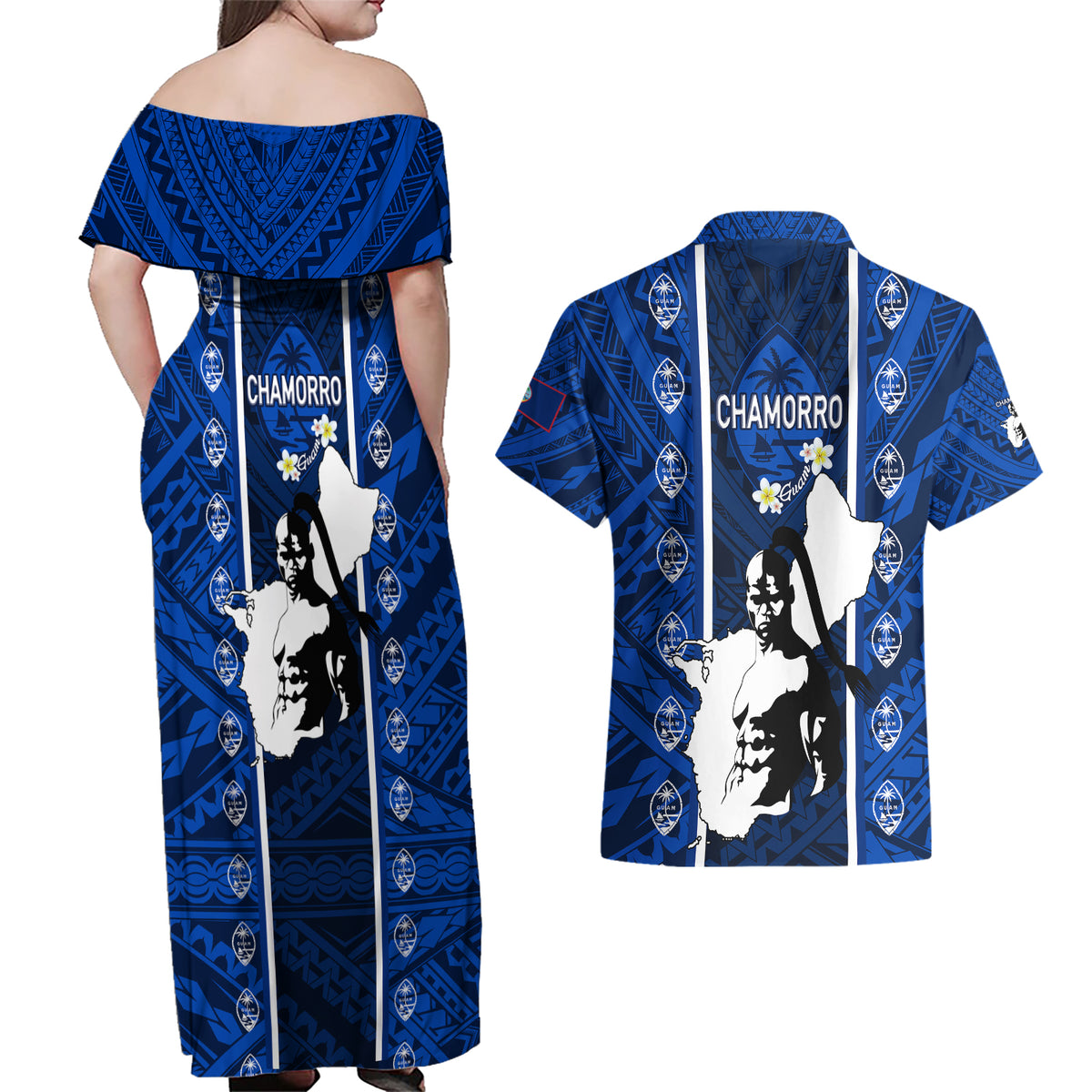 Guam Chamorro Warrior Couples Matching Off Shoulder Maxi Dress and Hawaiian Shirt Traditional Tribal Patterns - Wonder Print Shop