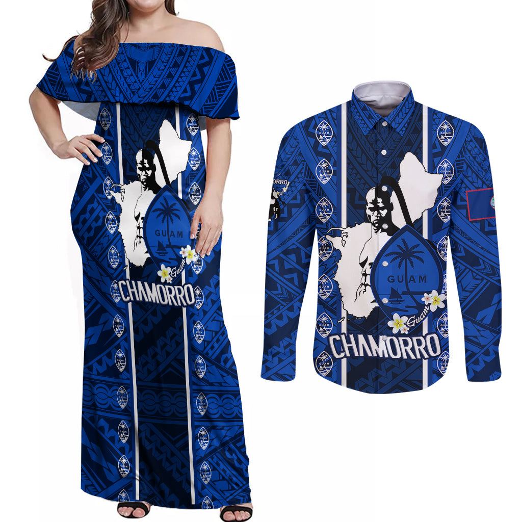 Guam Chamorro Warrior Couples Matching Off Shoulder Maxi Dress and Long Sleeve Button Shirts Traditional Tribal Patterns - Wonder Print Shop