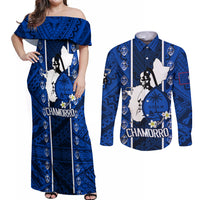 Guam Chamorro Warrior Couples Matching Off Shoulder Maxi Dress and Long Sleeve Button Shirts Traditional Tribal Patterns - Wonder Print Shop