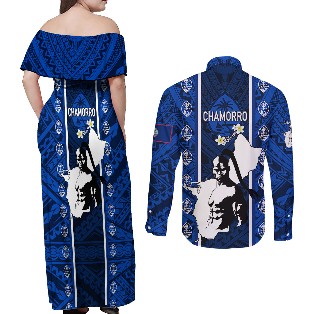 Guam Chamorro Warrior Couples Matching Off Shoulder Maxi Dress and Long Sleeve Button Shirts Traditional Tribal Patterns - Wonder Print Shop