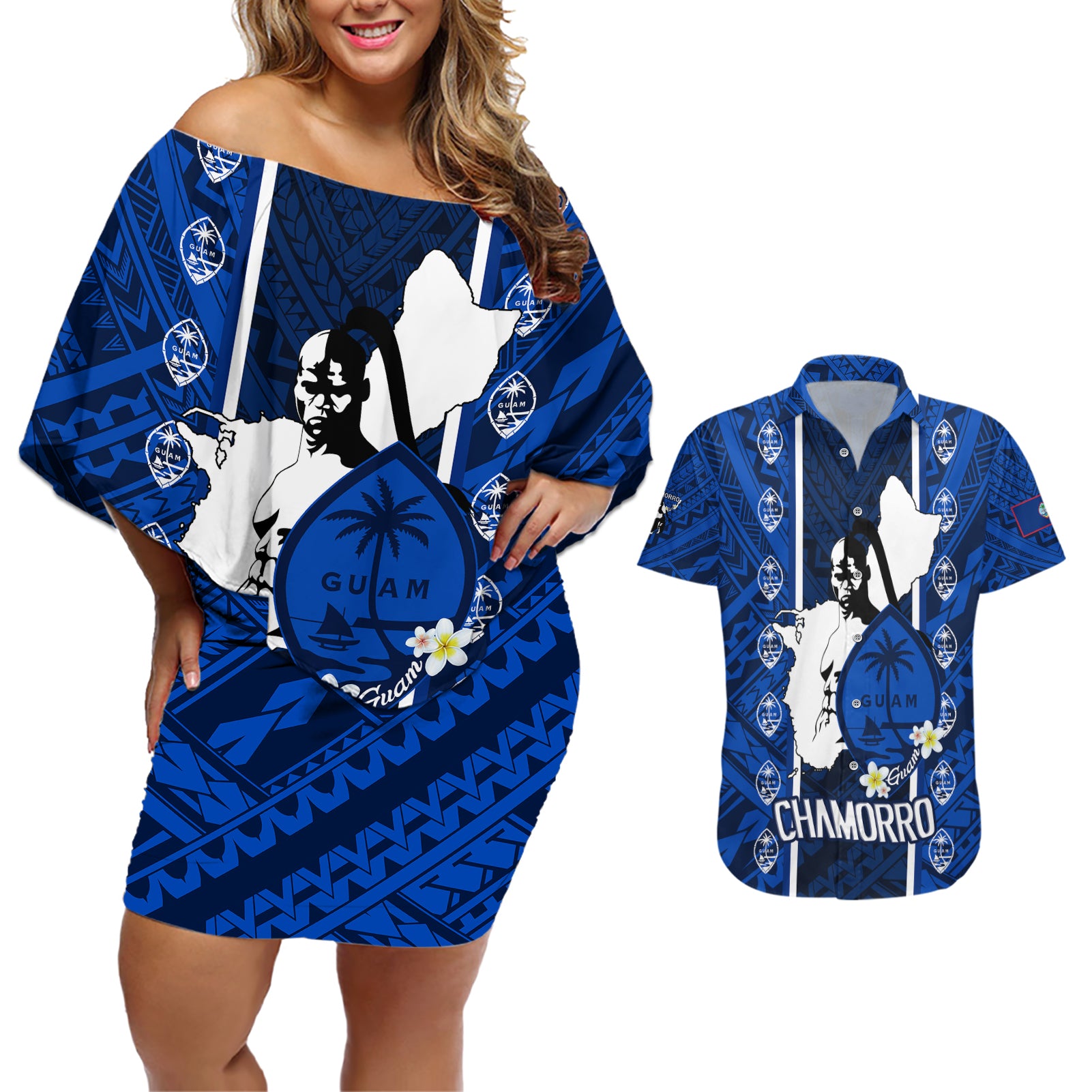 Guam Chamorro Warrior Couples Matching Off Shoulder Short Dress and Hawaiian Shirt Traditional Tribal Patterns - Wonder Print Shop
