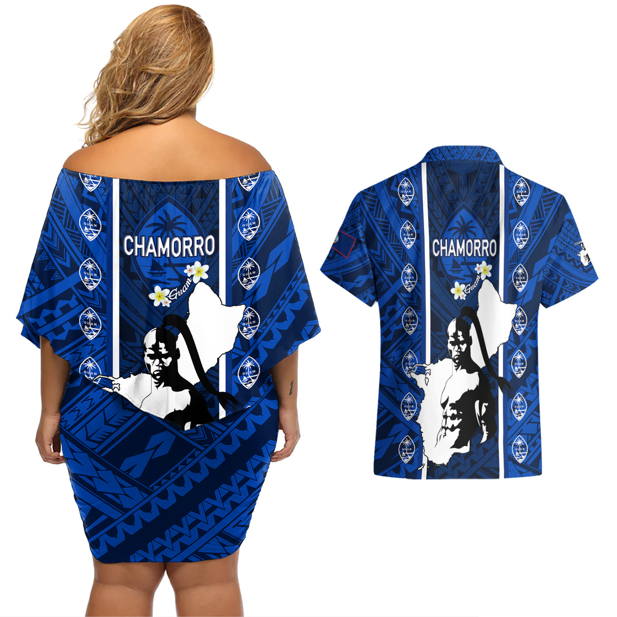 Guam Chamorro Warrior Couples Matching Off Shoulder Short Dress and Hawaiian Shirt Traditional Tribal Patterns - Wonder Print Shop