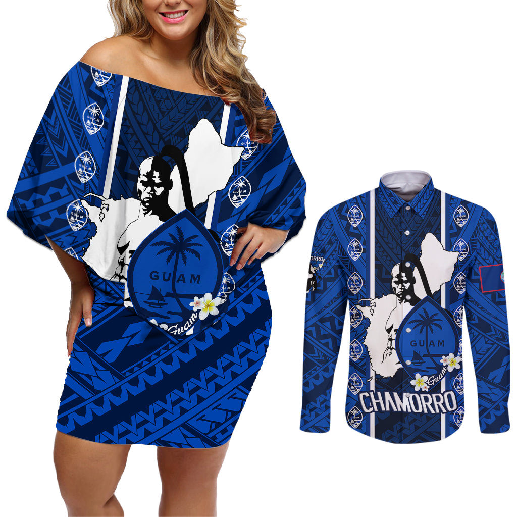 Guam Chamorro Warrior Couples Matching Off Shoulder Short Dress and Long Sleeve Button Shirts Traditional Tribal Patterns - Wonder Print Shop