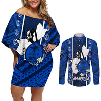 Guam Chamorro Warrior Couples Matching Off Shoulder Short Dress and Long Sleeve Button Shirts Traditional Tribal Patterns - Wonder Print Shop