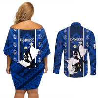 Guam Chamorro Warrior Couples Matching Off Shoulder Short Dress and Long Sleeve Button Shirts Traditional Tribal Patterns - Wonder Print Shop