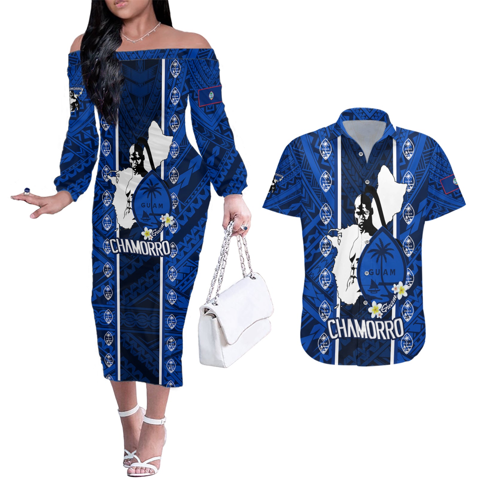Guam Chamorro Warrior Couples Matching Off The Shoulder Long Sleeve Dress and Hawaiian Shirt Traditional Tribal Patterns - Wonder Print Shop