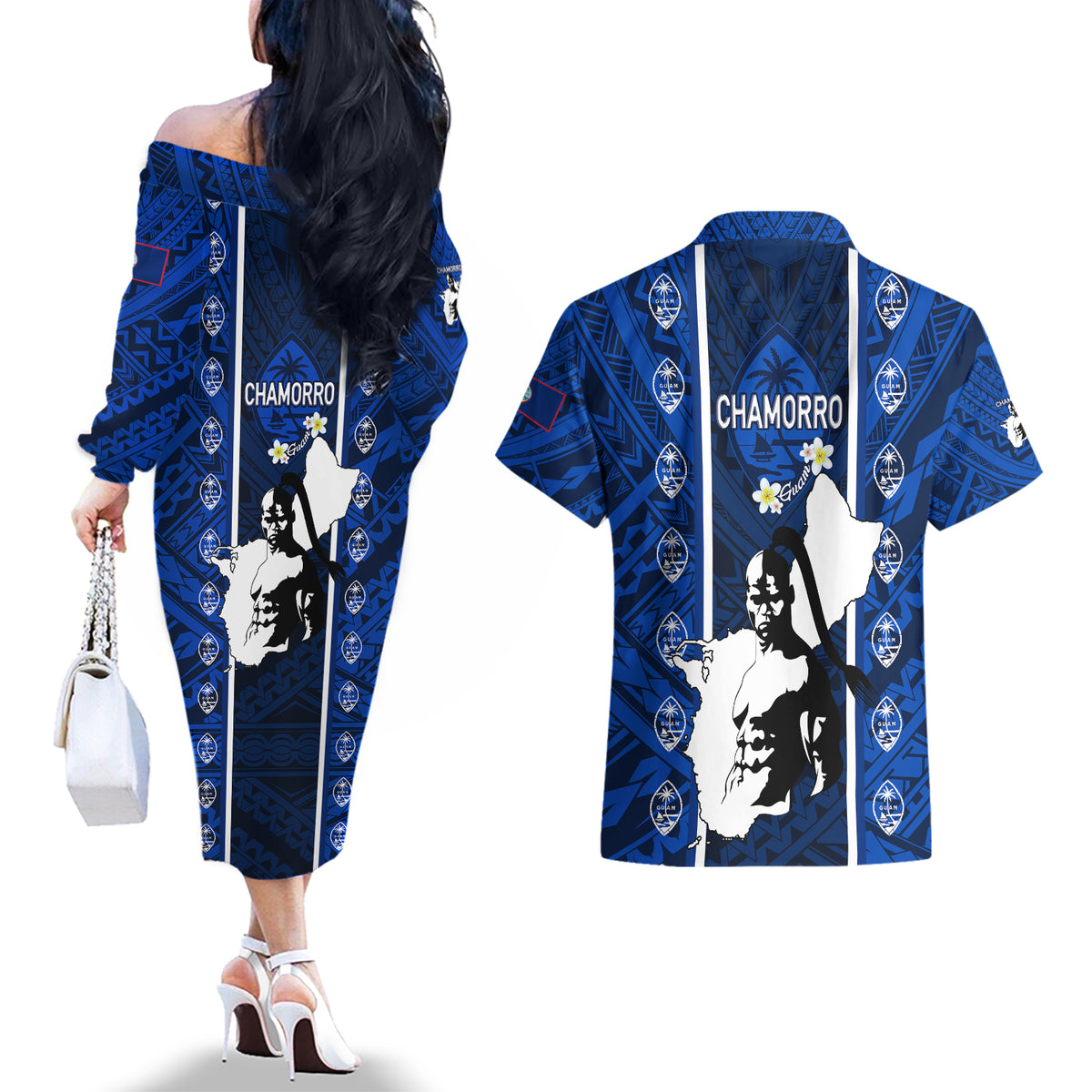 Guam Chamorro Warrior Couples Matching Off The Shoulder Long Sleeve Dress and Hawaiian Shirt Traditional Tribal Patterns - Wonder Print Shop