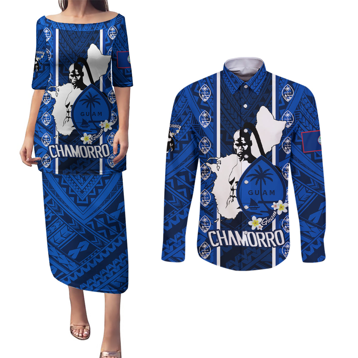 Guam Chamorro Warrior Couples Matching Puletasi Dress and Long Sleeve Button Shirts Traditional Tribal Patterns - Wonder Print Shop
