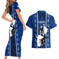 Guam Chamorro Warrior Couples Matching Short Sleeve Bodycon Dress and Hawaiian Shirt Traditional Tribal Patterns - Wonder Print Shop