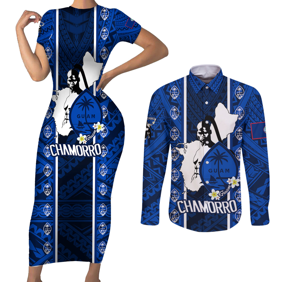 Guam Chamorro Warrior Couples Matching Short Sleeve Bodycon Dress and Long Sleeve Button Shirts Traditional Tribal Patterns - Wonder Print Shop
