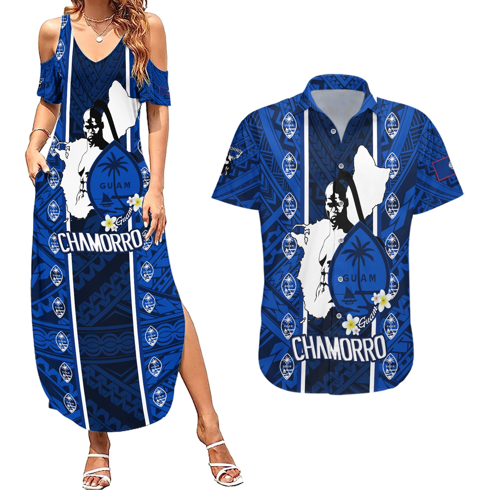 Guam Chamorro Warrior Couples Matching Summer Maxi Dress and Hawaiian Shirt Traditional Tribal Patterns - Wonder Print Shop