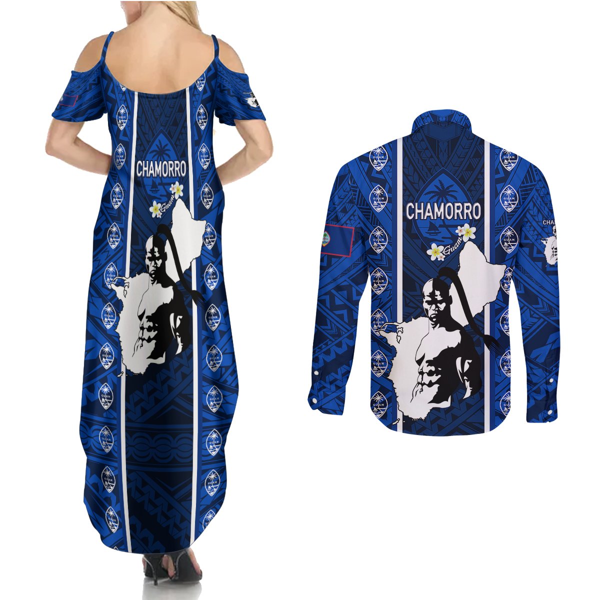 Guam Chamorro Warrior Couples Matching Summer Maxi Dress and Long Sleeve Button Shirts Traditional Tribal Patterns - Wonder Print Shop