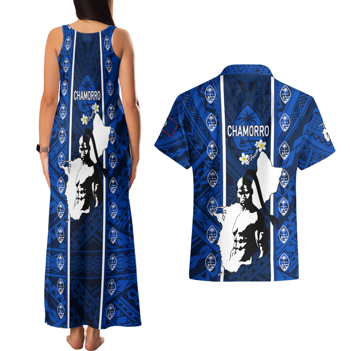 Guam Chamorro Warrior Couples Matching Tank Maxi Dress and Hawaiian Shirt Traditional Tribal Patterns - Wonder Print Shop