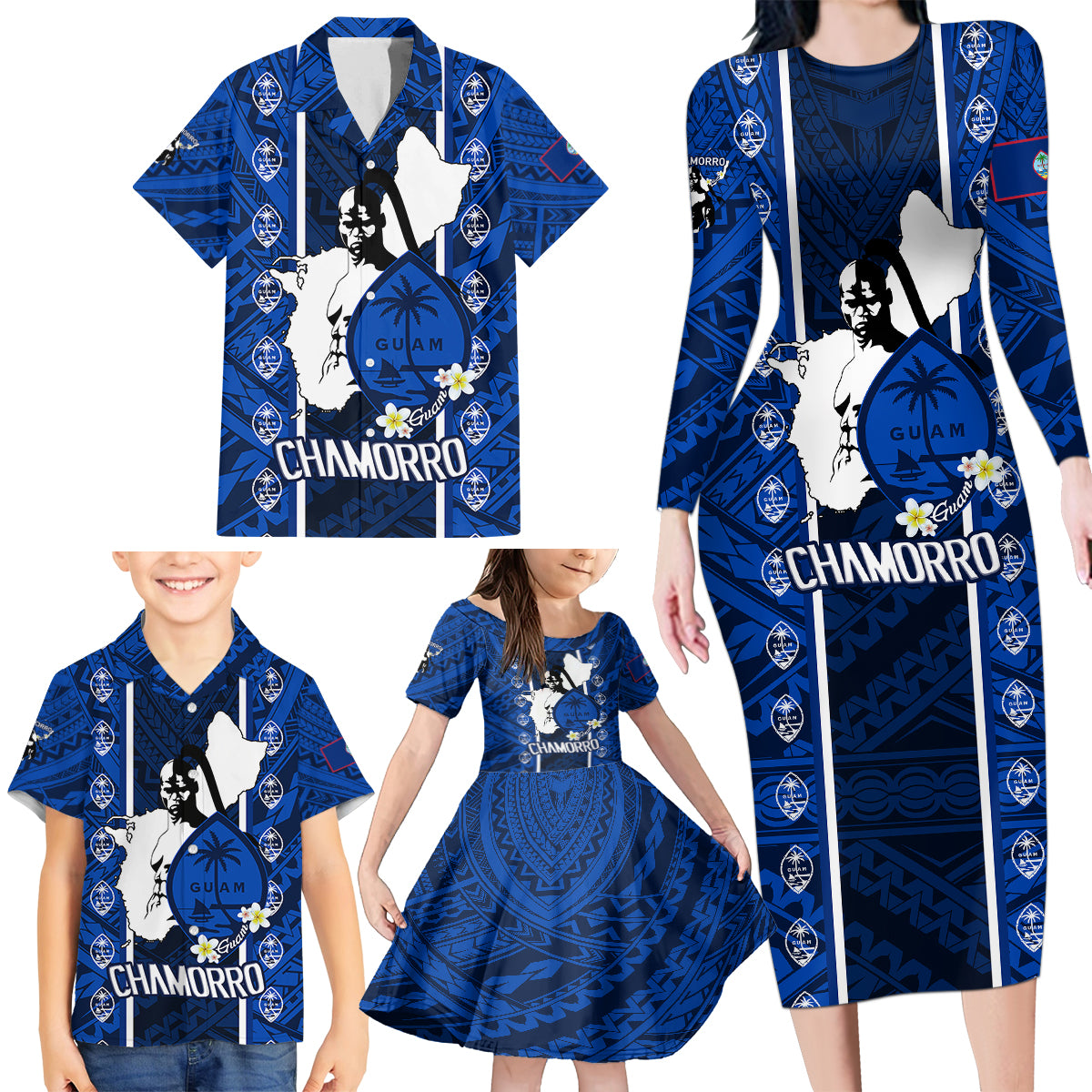 Guam Chamorro Warrior Family Matching Long Sleeve Bodycon Dress and Hawaiian Shirt Traditional Tribal Patterns - Wonder Print Shop