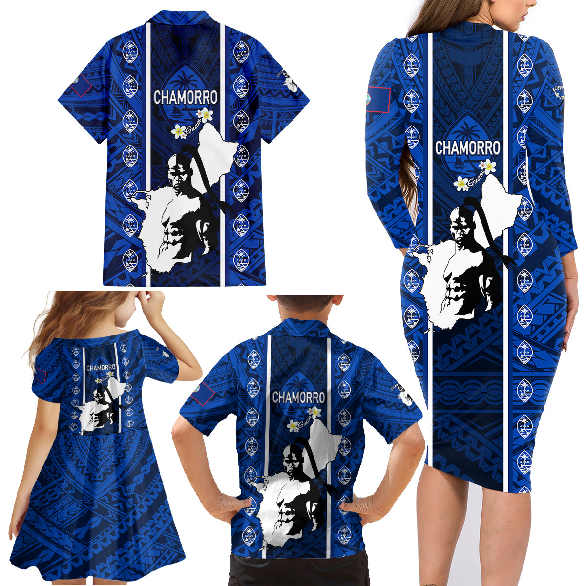 Guam Chamorro Warrior Family Matching Long Sleeve Bodycon Dress and Hawaiian Shirt Traditional Tribal Patterns - Wonder Print Shop