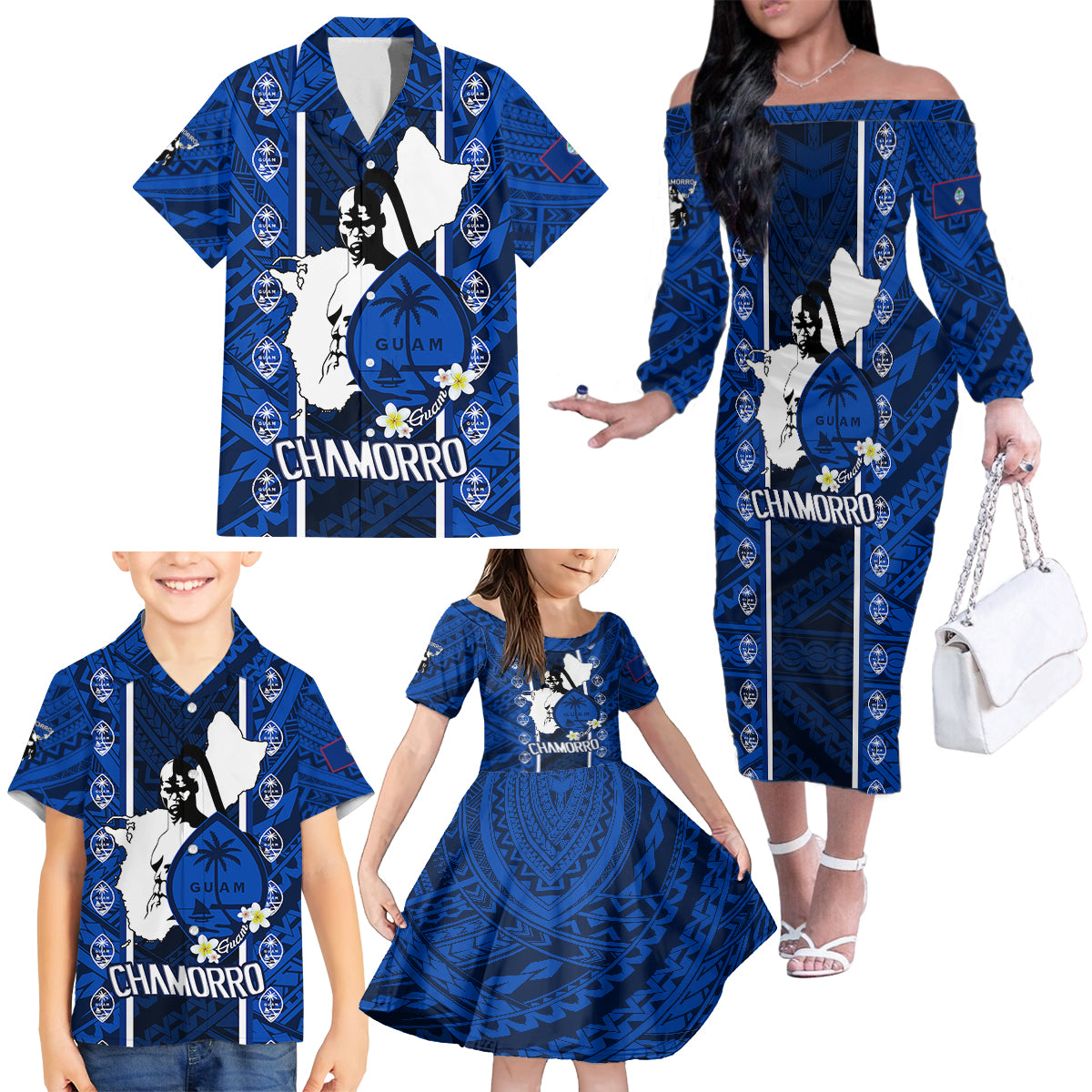 Guam Chamorro Warrior Family Matching Off Shoulder Long Sleeve Dress and Hawaiian Shirt Traditional Tribal Patterns - Wonder Print Shop