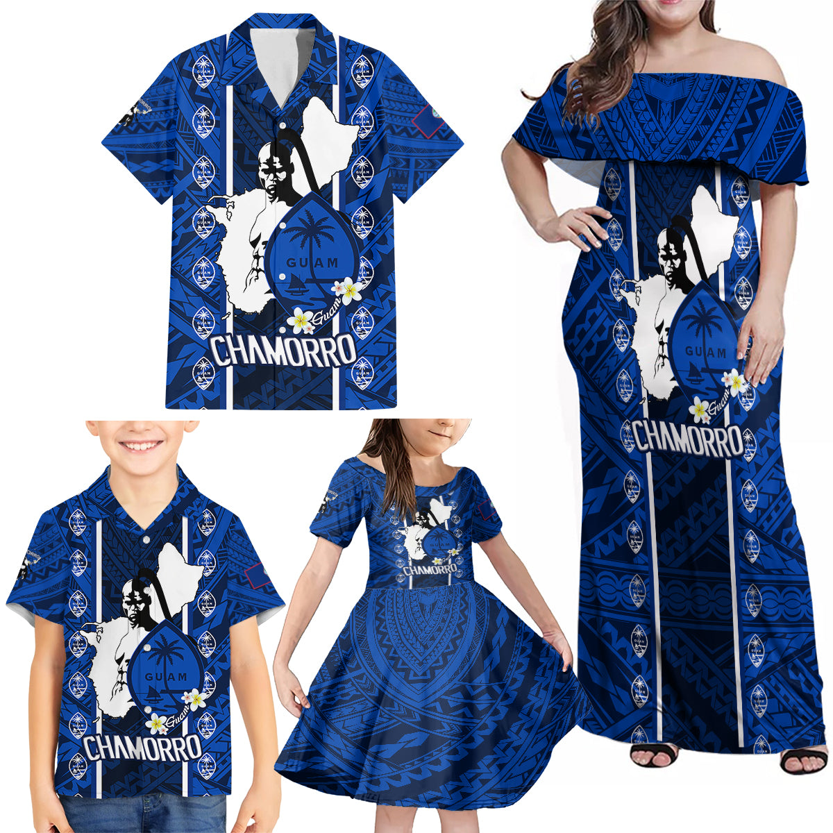 Guam Chamorro Warrior Family Matching Off Shoulder Maxi Dress and Hawaiian Shirt Traditional Tribal Patterns - Wonder Print Shop