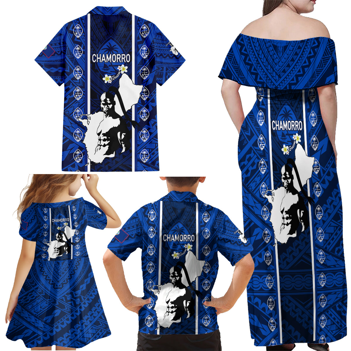 Guam Chamorro Warrior Family Matching Off Shoulder Maxi Dress and Hawaiian Shirt Traditional Tribal Patterns - Wonder Print Shop