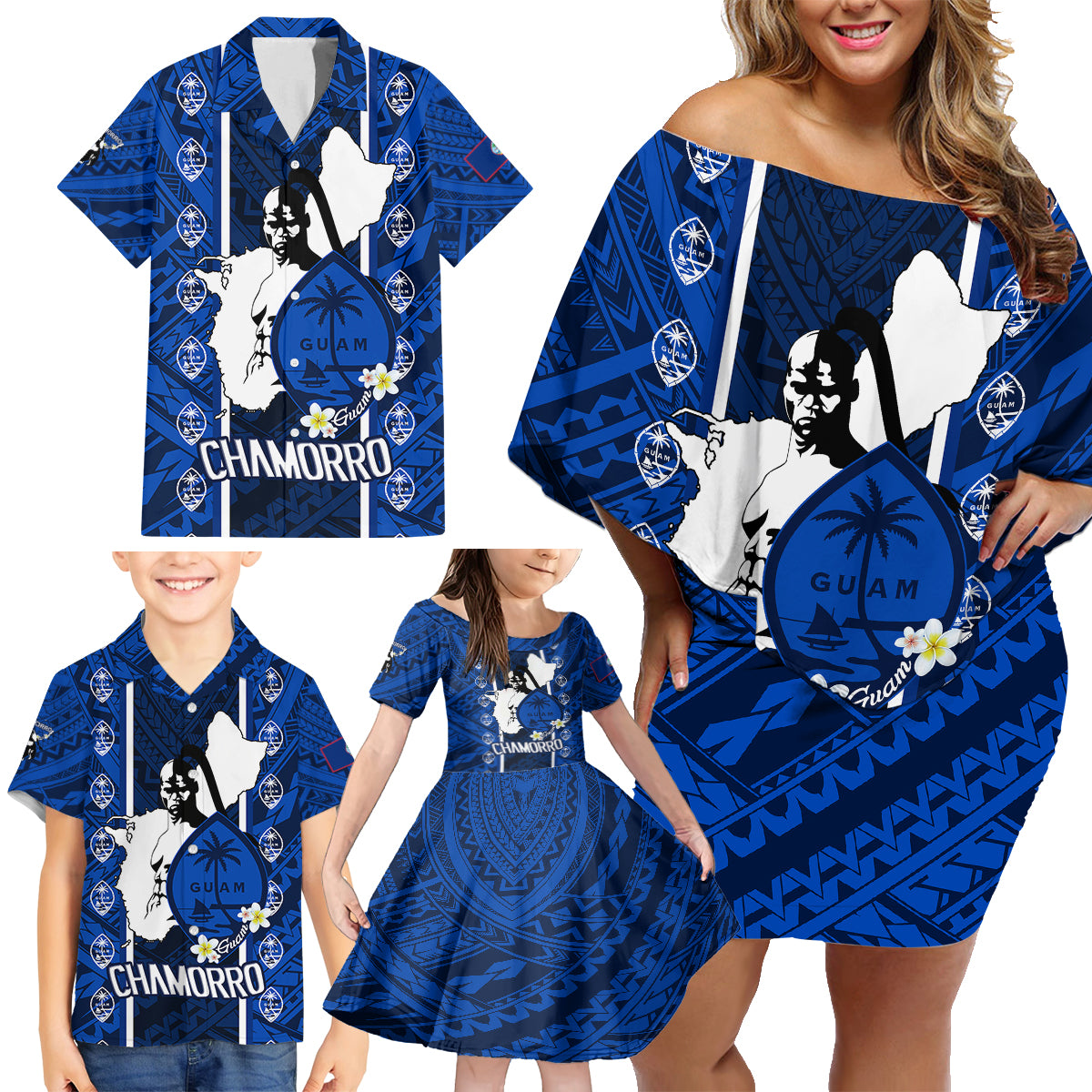 Guam Chamorro Warrior Family Matching Off Shoulder Short Dress and Hawaiian Shirt Traditional Tribal Patterns - Wonder Print Shop