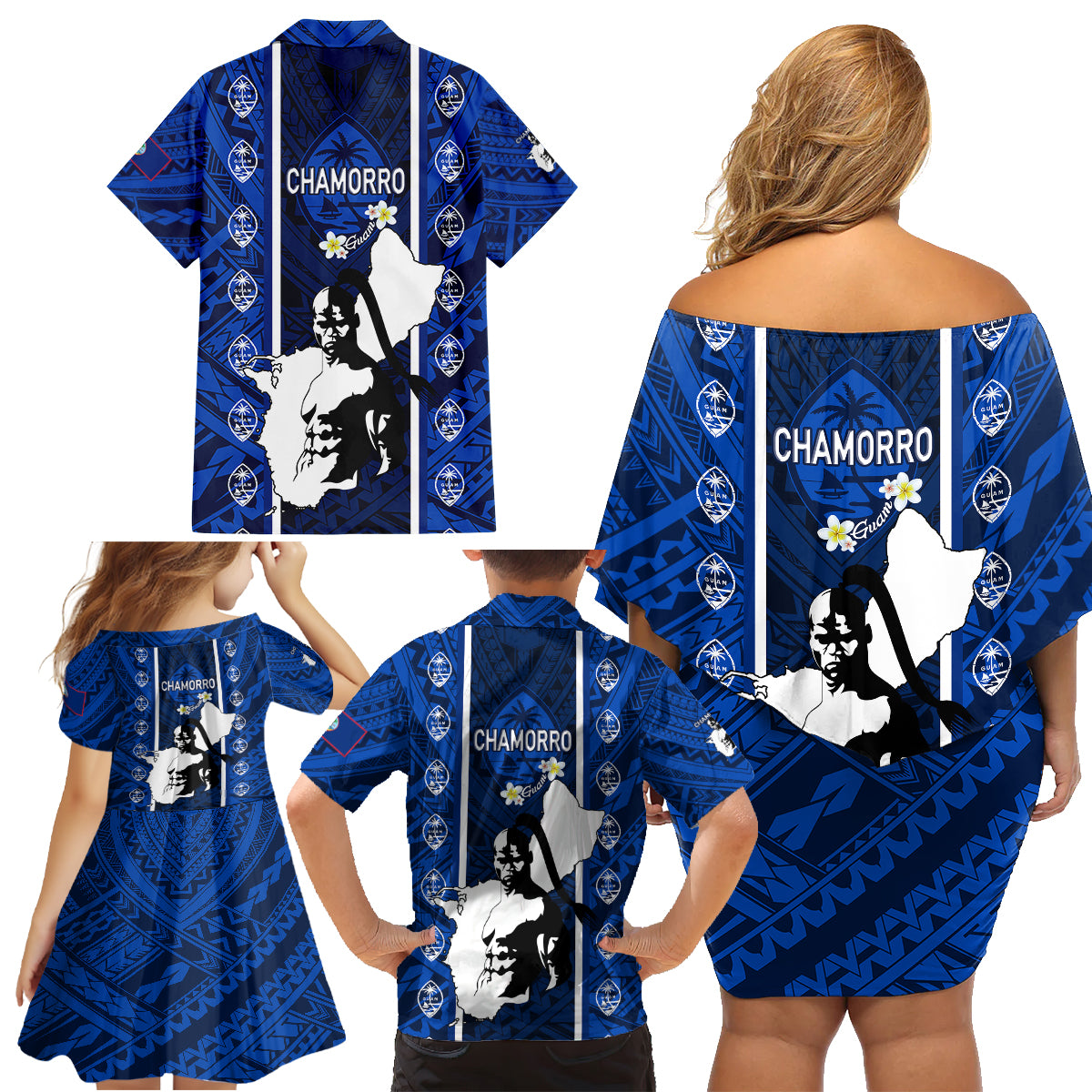 Guam Chamorro Warrior Family Matching Off Shoulder Short Dress and Hawaiian Shirt Traditional Tribal Patterns - Wonder Print Shop